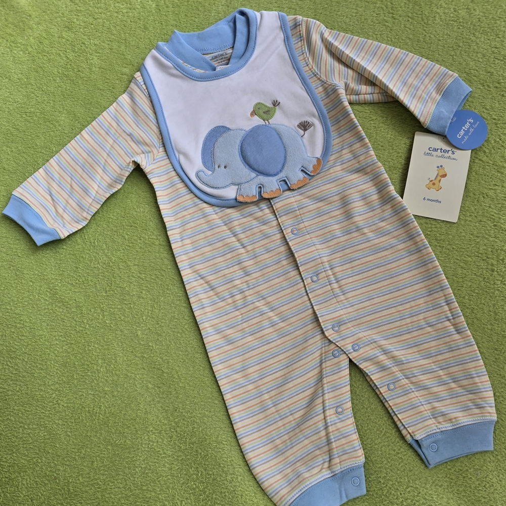 NWT 3-6M BOYS 2P ROMPER + BIB SET Striped COTTON BLUE Elephant LITTLE SAFARI (6)